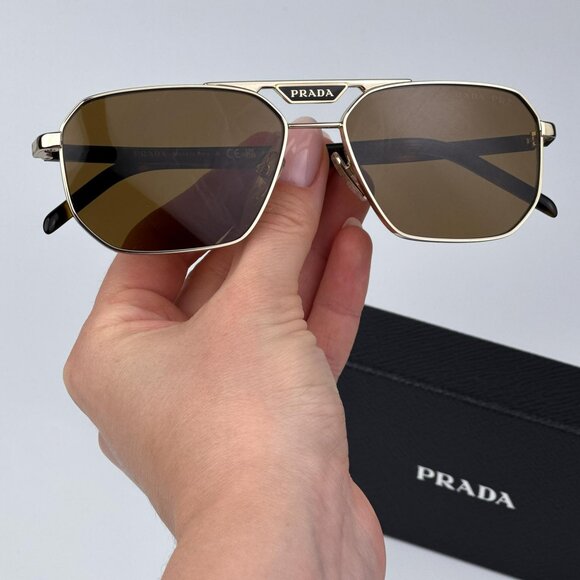 Prada PR58YS ZVN5Y1 Men BRAND NEW Sunglasses Gold Brown Polarized Pilot - Picture 1 of 11